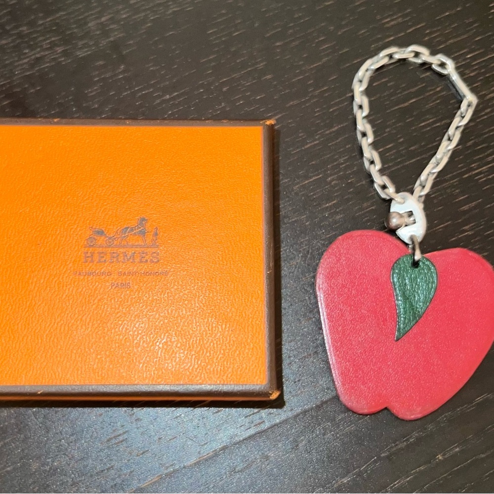 Hermés Red Apple Leather Bag Charm with Box